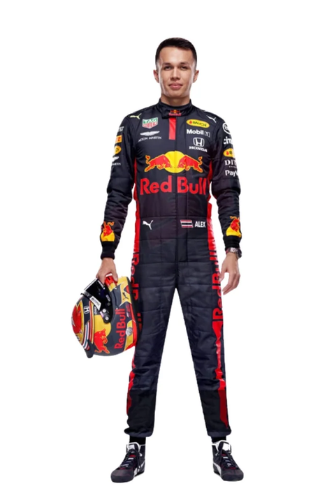 Design reference showing a dark navy motorsport suit with red side panels and contrasting graphics