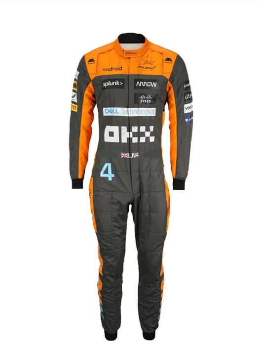 Front view of orange and charcoal replica racing suit with light blue number 4 detail