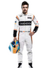 Design reference showing a white motorsport suit with black panels and orange accents