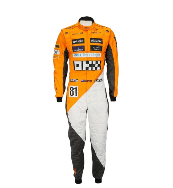 Front view of orange, white and black replica racing suit with number 81 detail