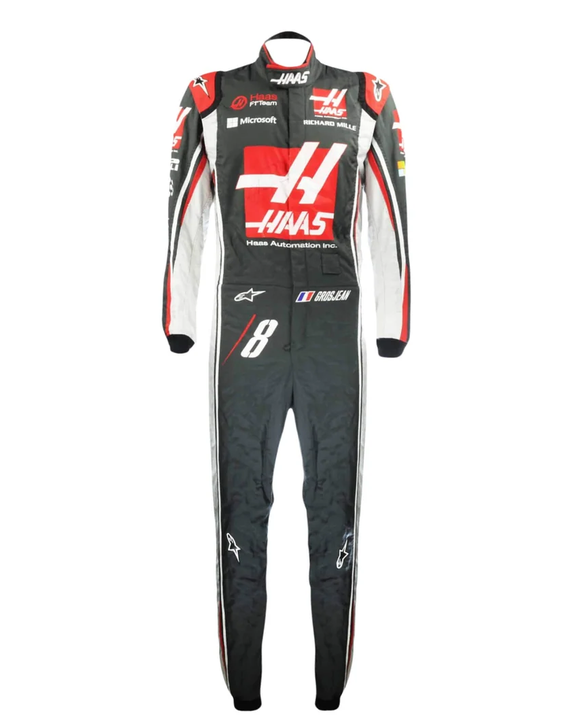 Front view of black, red and white replica racing suit with number 8 detail