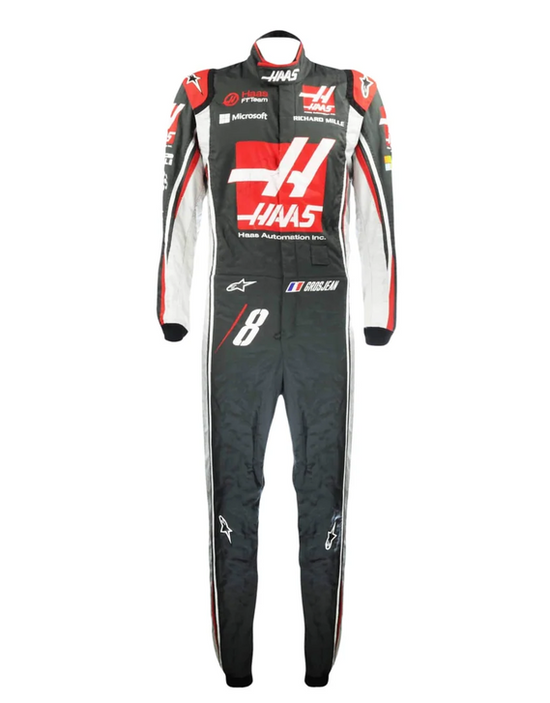 Front view of black, red and white replica racing suit with number 8 detail