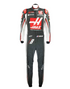 Front view of black, red and white replica racing suit with number 8 detail