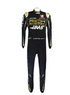 Front view of black replica racing suit with gold shoulder and sleeve accents
