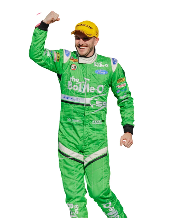 Design reference showing a bright green motorsport suit with contrasting light panels and black cuffs