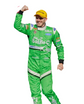 Design reference showing a bright green motorsport suit with contrasting light panels and black cuffs