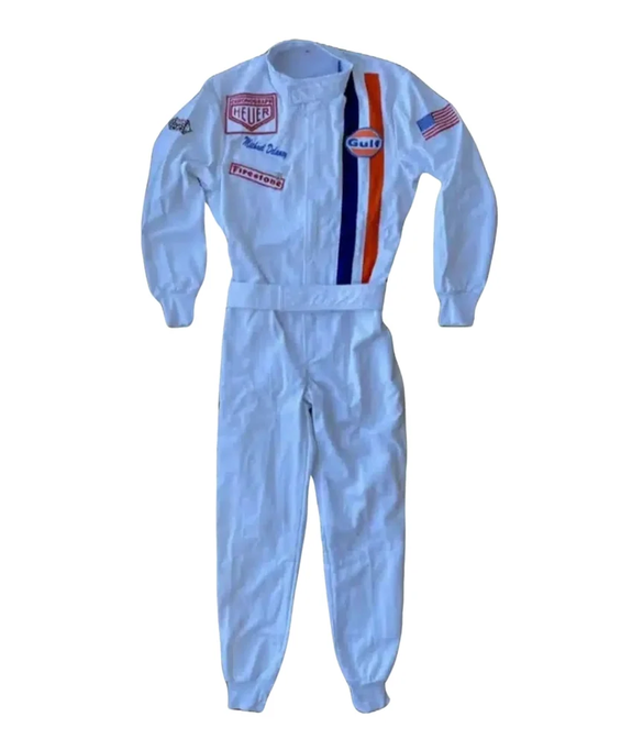 White replica racing suit with blue and orange vertical chest stripes and vintage-style patches