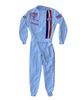 White replica racing suit with blue and orange vertical chest stripes and vintage-style patches