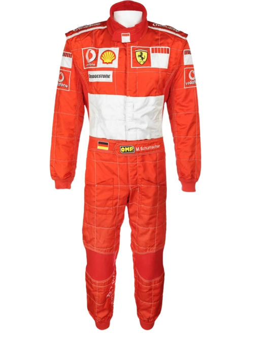 Front view of red replica racing suit with broad white midsection and motorsport-style patches