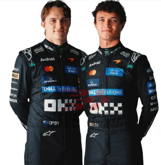 Design reference showing two black motorsport suits with white waist graphics and colorful chest detailing