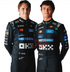 Design reference showing two black motorsport suits with white waist graphics and colorful chest detailing
