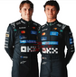 Design reference showing two black motorsport suits with white waist graphics and colorful chest detailing