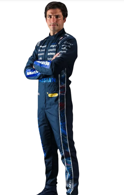Design reference showing a navy motorsport suit with blue accents and light-colored side piping