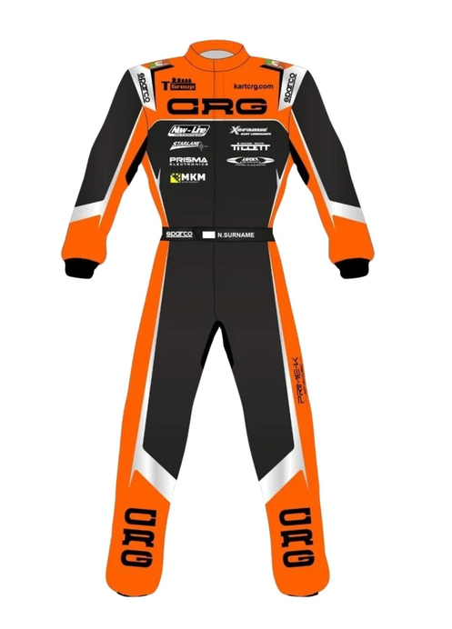 Front view of black, orange and white CRG Prime-K karting suit