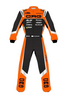 Front view of black, orange and white CRG Prime-K karting suit