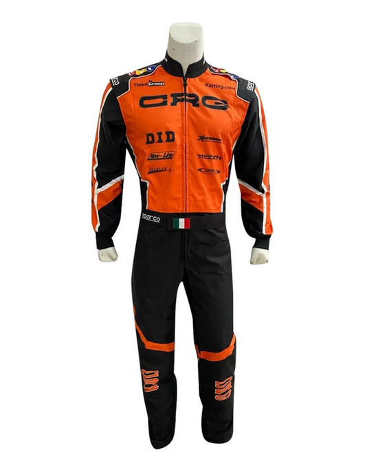 Front view of the orange and black 2022 CRG karting suit