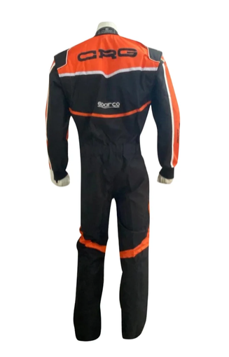 Rear view of the orange and black 2022 CRG karting suit