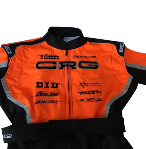 Close-up of the orange upper body and collar of the 2022 CRG karting suit