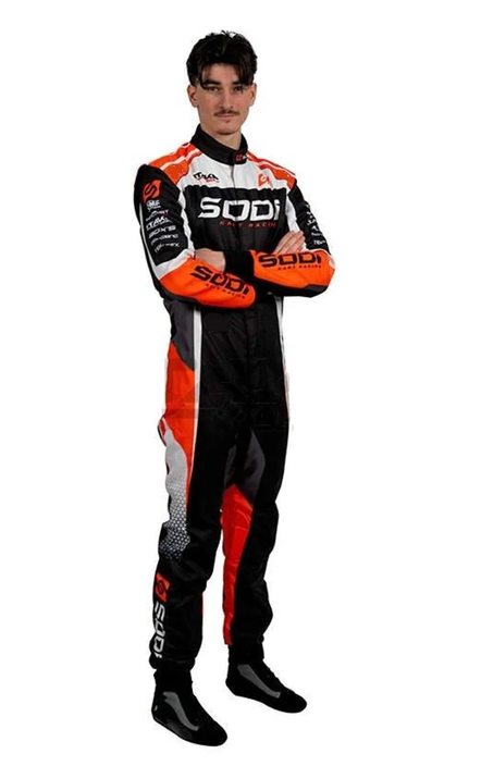 Full front view of black orange and white Sodi-inspired karting suit