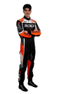 Full front view of black orange and white Sodi-inspired karting suit