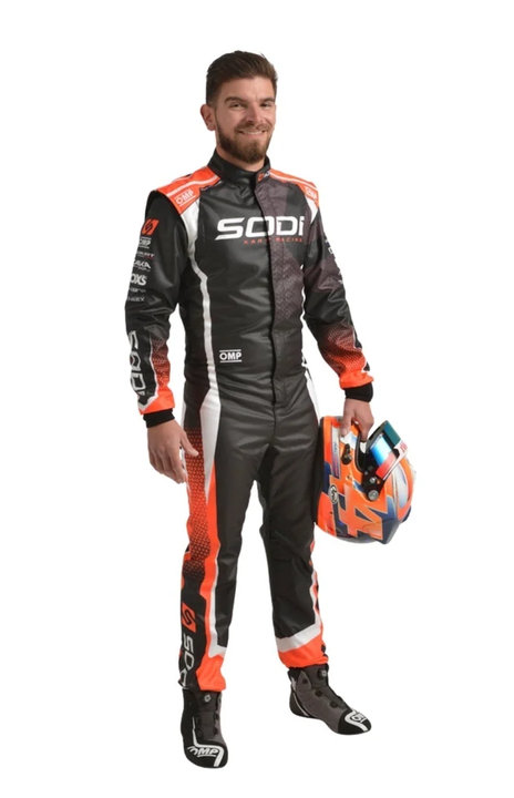 Front view of black, orange and white Sodi-inspired karting suit