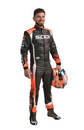 Front view of black, orange and white Sodi-inspired karting suit