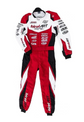 Front view of red, white and black Birel Art karting suit