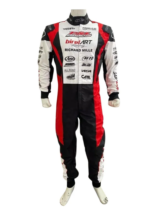 Front view of red, white and black Birel Art-design karting suit