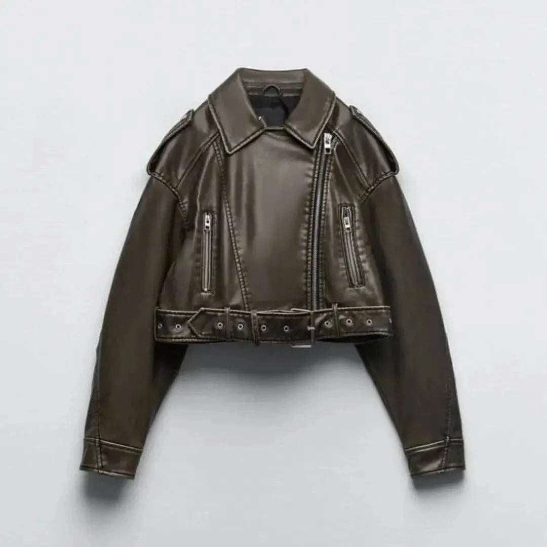 Women Oversized Vintage Loose Faux Leather Short Jacket Black Flat - Race Blaze