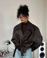 Casual Dark Red Zipper Leather Short Jacket Women  - Race Blaze