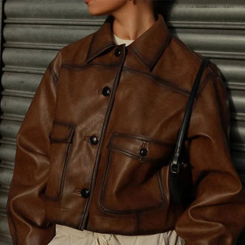 Vintage Leather Jacket Women Single Breasted Short Black - Race Blaze