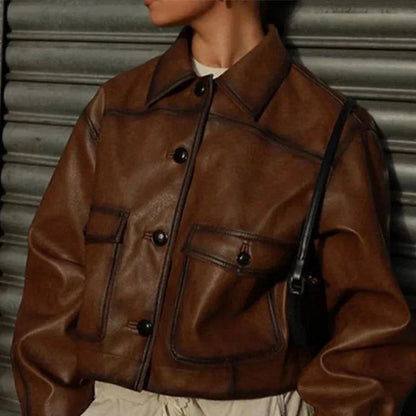Vintage Leather Jacket Women Single Breasted Short Black - Race Blaze
