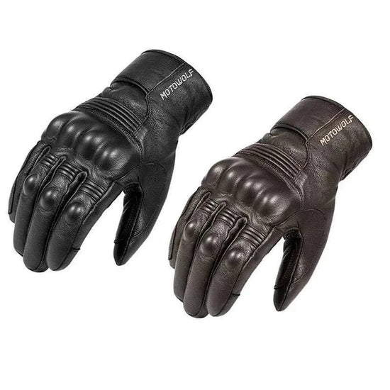 Waterproof winter motorcycle gloves with leather, knuckle protection, and touchscreen fingertips