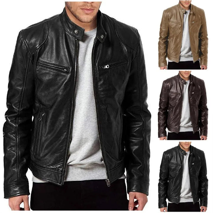 New Leather Motorcycle Jacket Men Slim Fit Stand Collar PU Coats