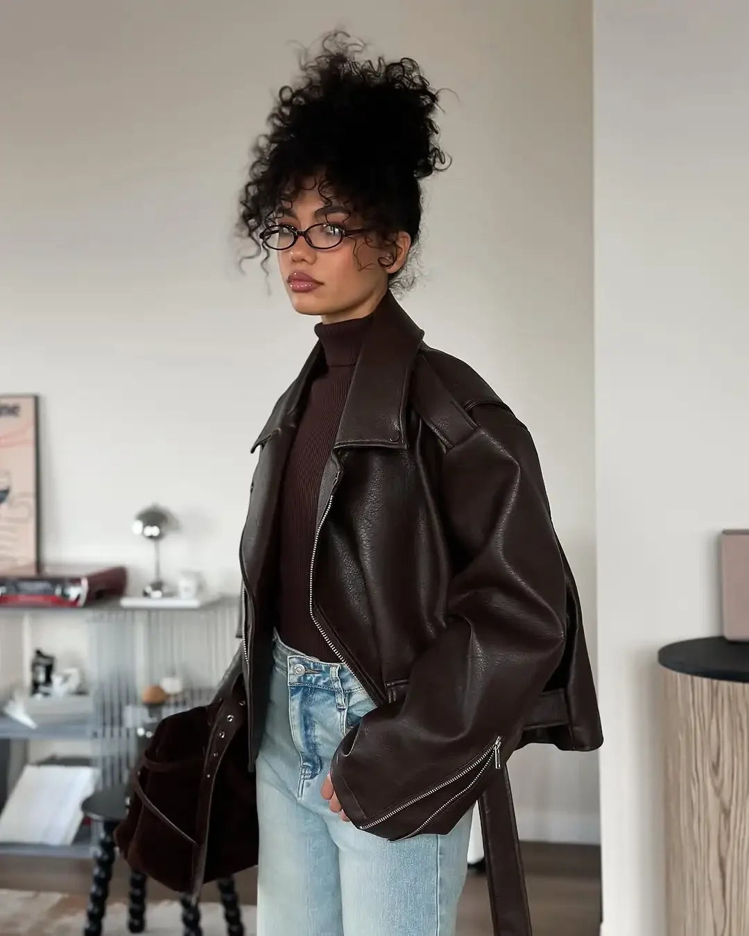 Casual Dark Red Zipper Leather Short Jackets Women Coat Lady