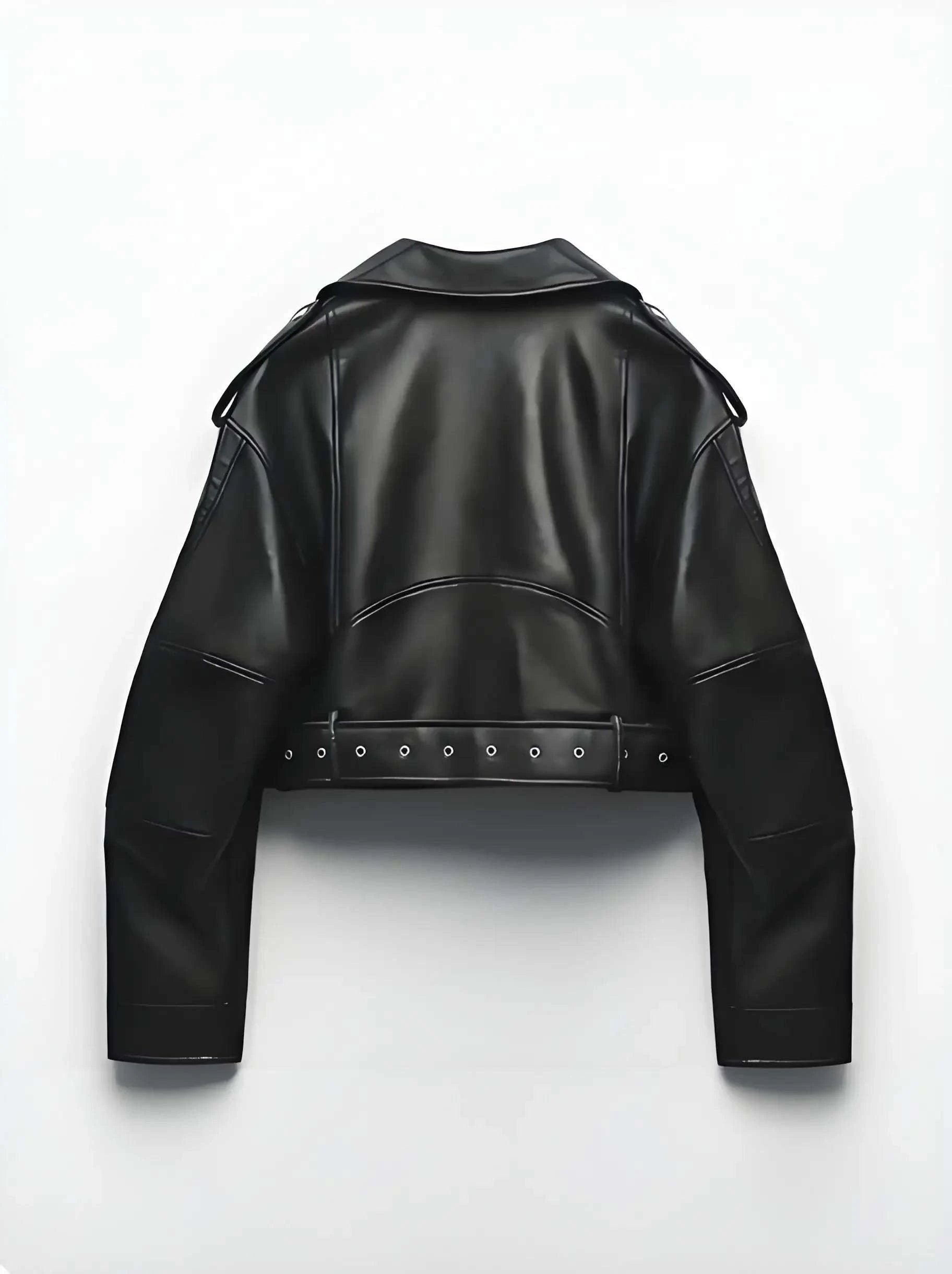 Women Oversized Vintage Loose Faux Leather Short Jacket Black Angled - Race Blaze
