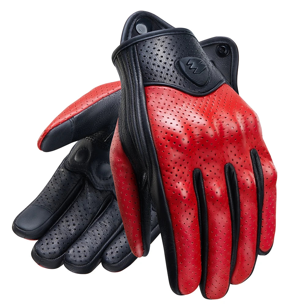 Retro Red Leather Motorcycle Gloves Breathable Racing Gloves