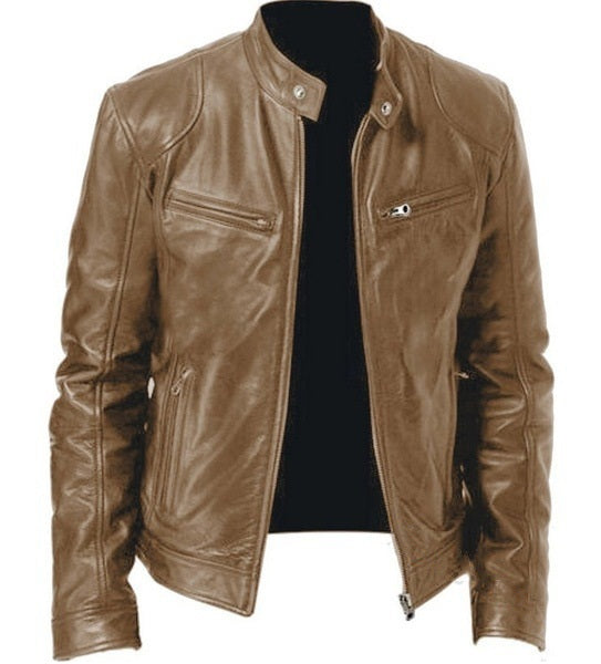 Fashion Mens Leather Jacket Slim Fit Stand Collar PU Jacket Male