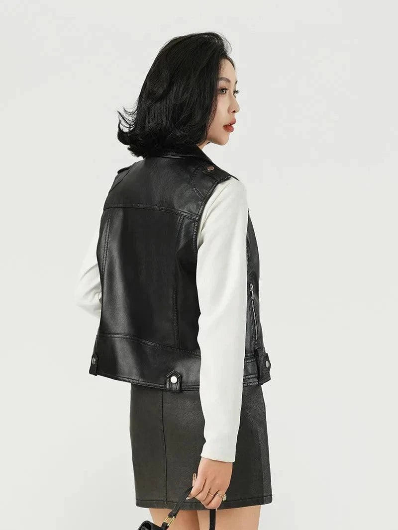 Fashion Suit Lapel Leather Vest Women Motorcycle Jacket Full Length - Race Blaze