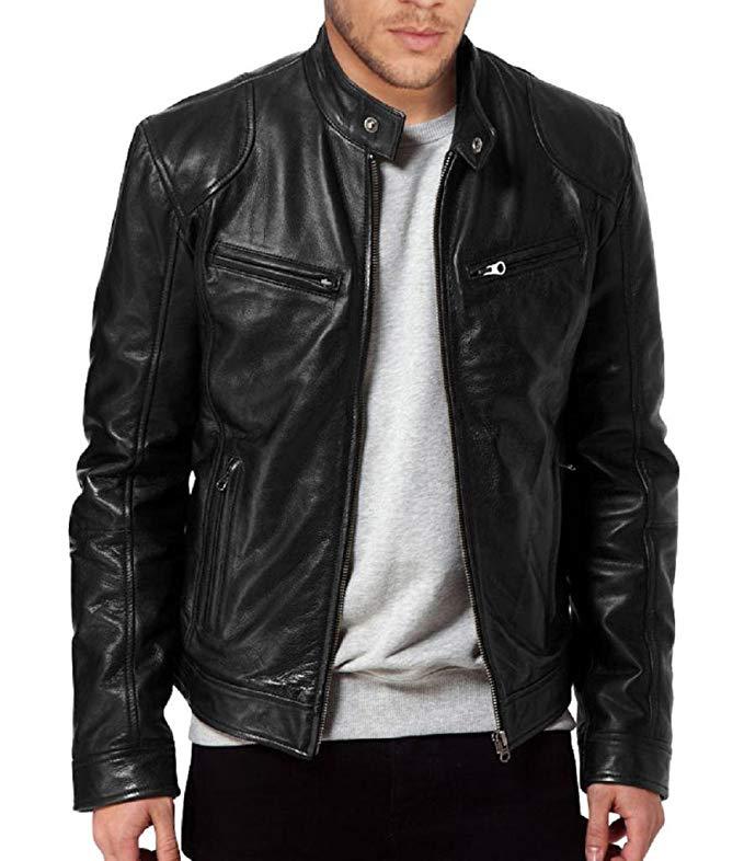 Fashion Mens Leather Jacket Slim Fit Stand Collar PU Jacket Male