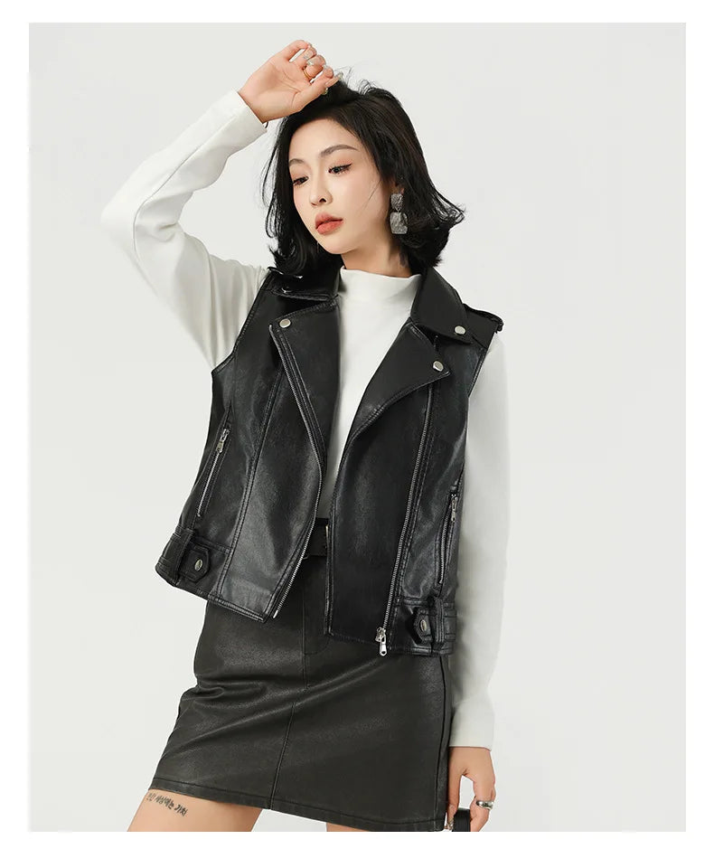 Fashion suit lapel leather vest women's versatile motorcycle jacket