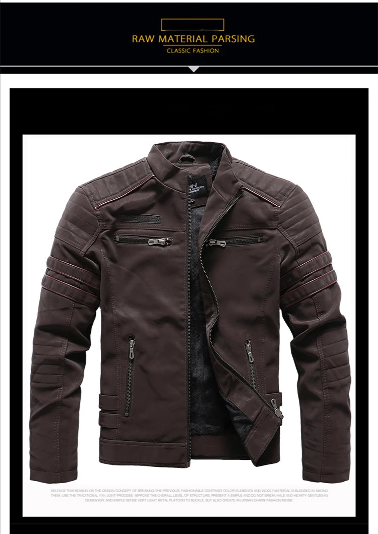 Winter Leather Jacket Fleece Warm Causal Motorcycle Embroidery PU Coats