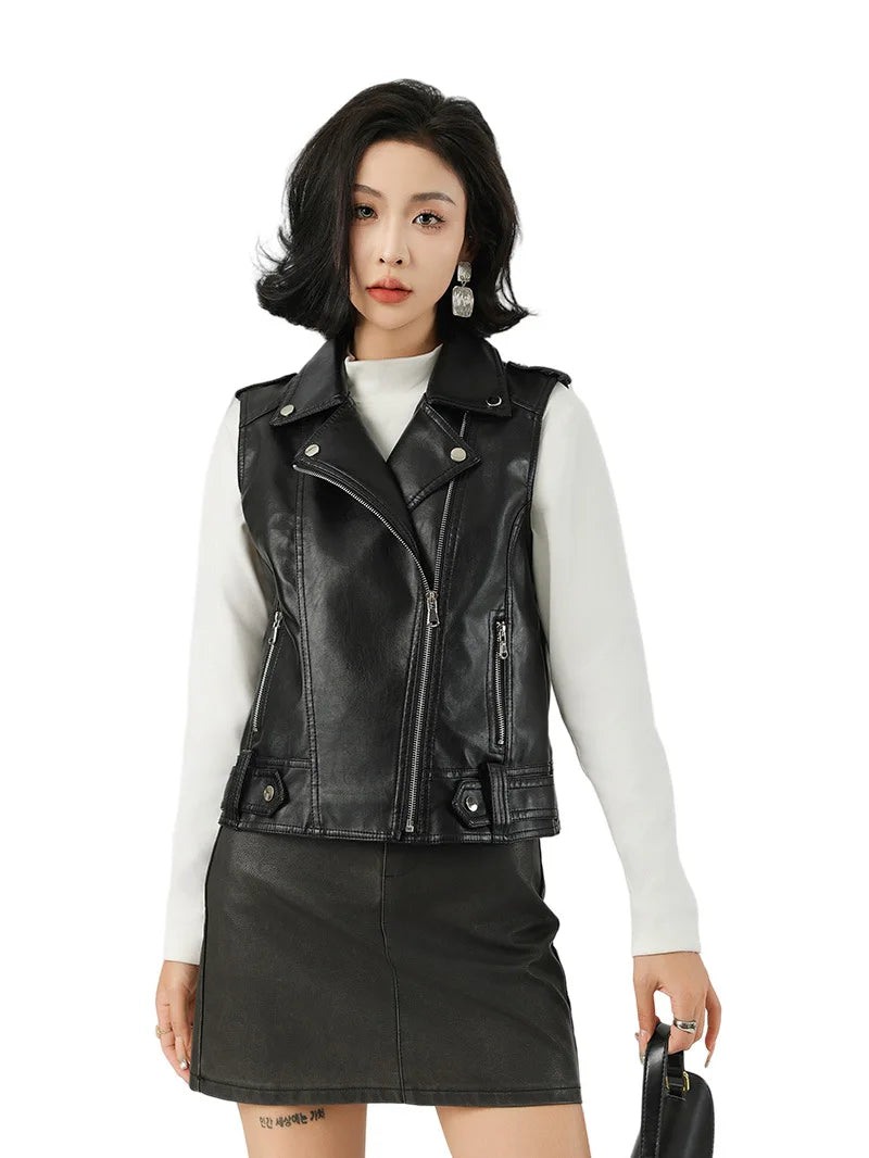 Fashion suit lapel leather vest women's versatile motorcycle jacket