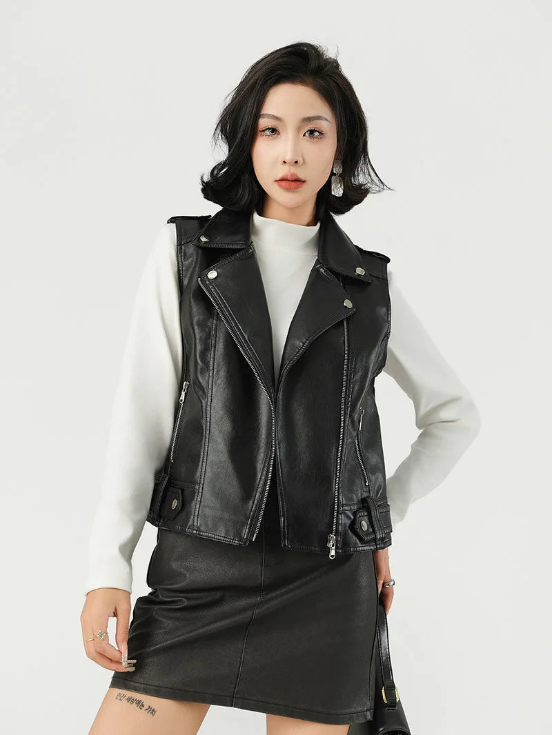 Fashion suit lapel leather vest women's versatile motorcycle jacket