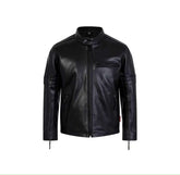 Classic genuine leather biker jacket with asymmetric zip and lapel collar