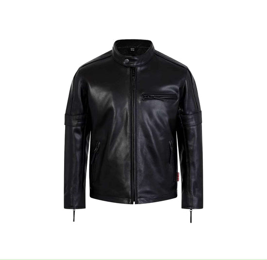 Classic genuine leather biker jacket with asymmetric zip and lapel collar