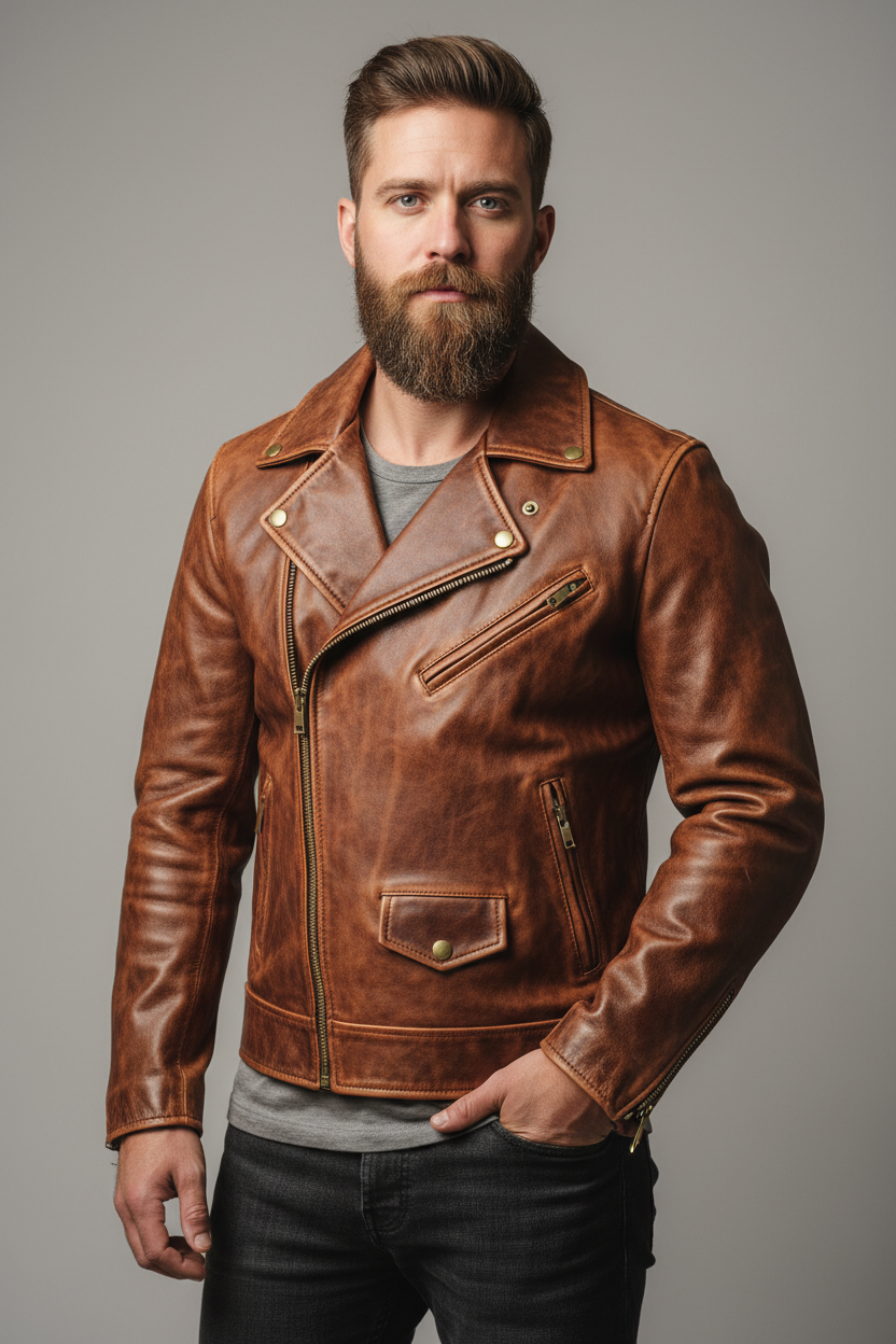 Brown Vintage Biker Jacket- Race Blaze