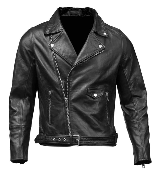 Black leather biker jacket with asymmetric zipper and durable hardware on a mannequin