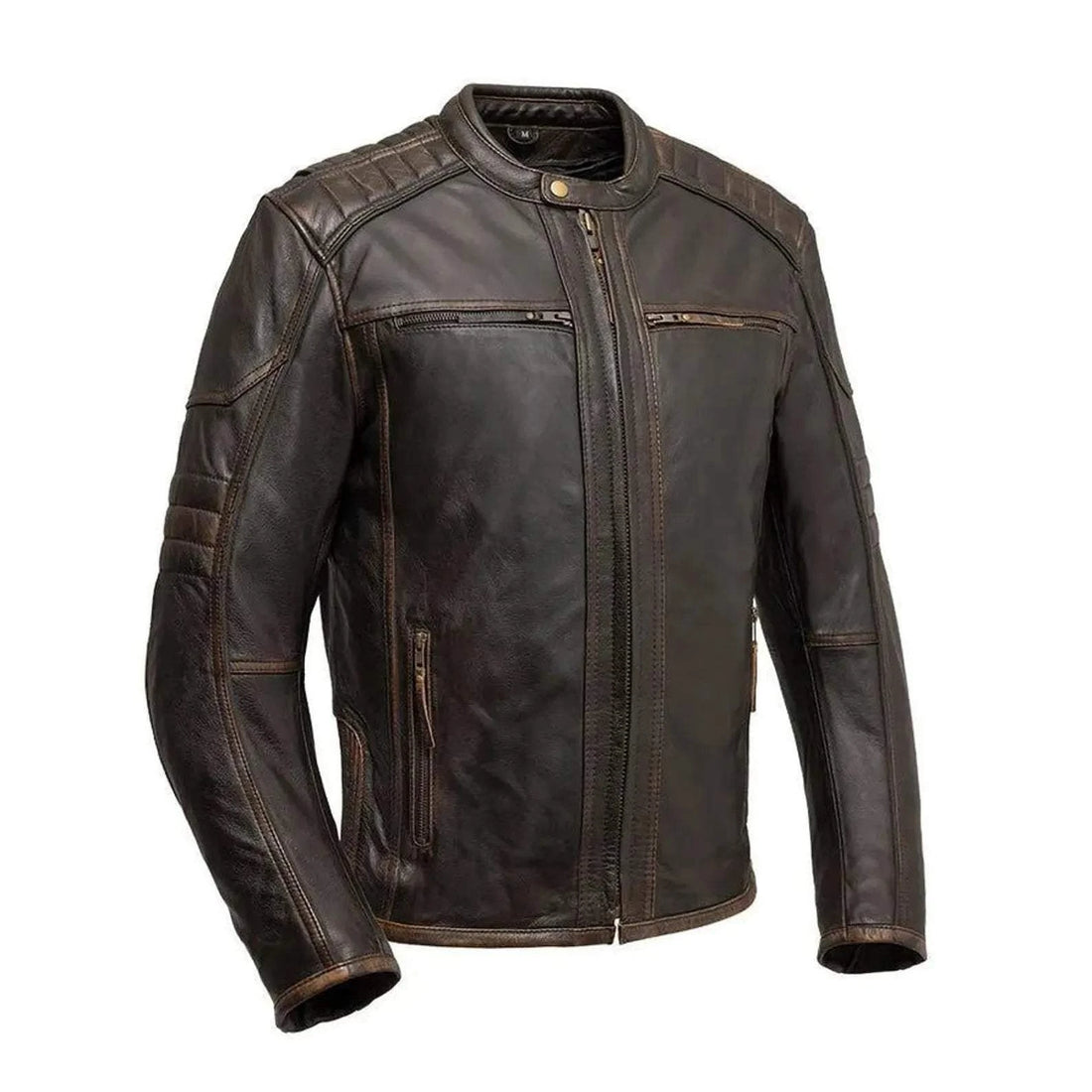 Men's motorbike leather jacket in brown full-grain leather with protective armor and ventilation panels