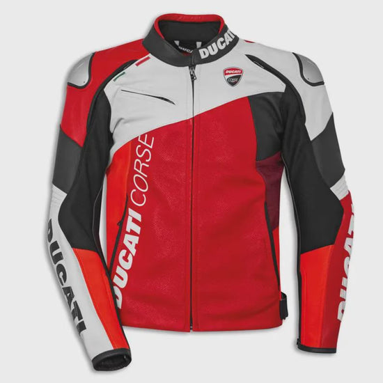 Ducati Corse C6 genuine leather motorbike jacket with CE-certified protection and racing design